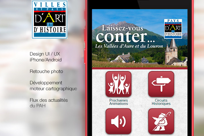 Mockup de l'application mobile du Pays d'art et d'histoire des vallées d'Aure et du Louron réalisée par le CETIR
