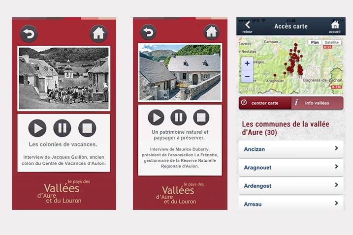 Mockup de l'application mobile du Pays d'art et d'histoire des vallées d'Aure et du Louron réalisée par le CETIR